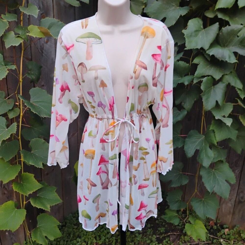 Mushroom Print Long Sleeve Mesh Duster Kimono Cover Up Fairycore